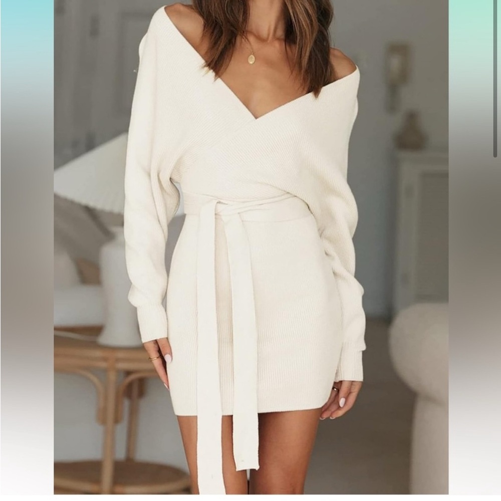 Zesica Cream Kit Wrap Front Tie Sweater Dress - Picture 3 of 8
